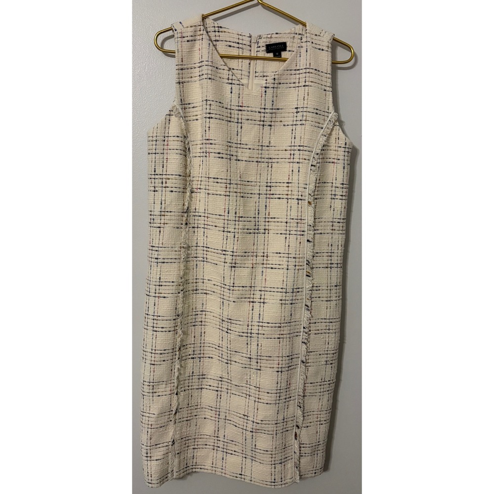 Carlisle Collection Cream Tweed Fringe Trim V-Neck Shift Dress Size 18